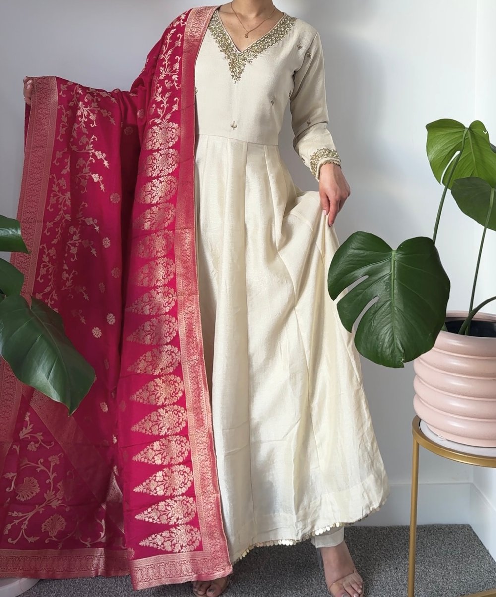 Image of  Creamy Drape three piece anarkari kurtha set 