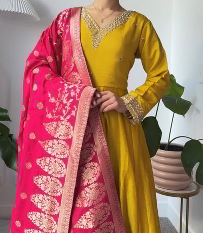 Image of Yellow three piece anarkari kurtha set 