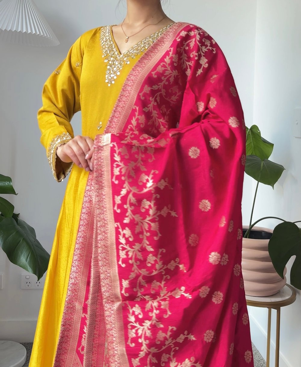 Image of Yellow three piece anarkari kurtha set 