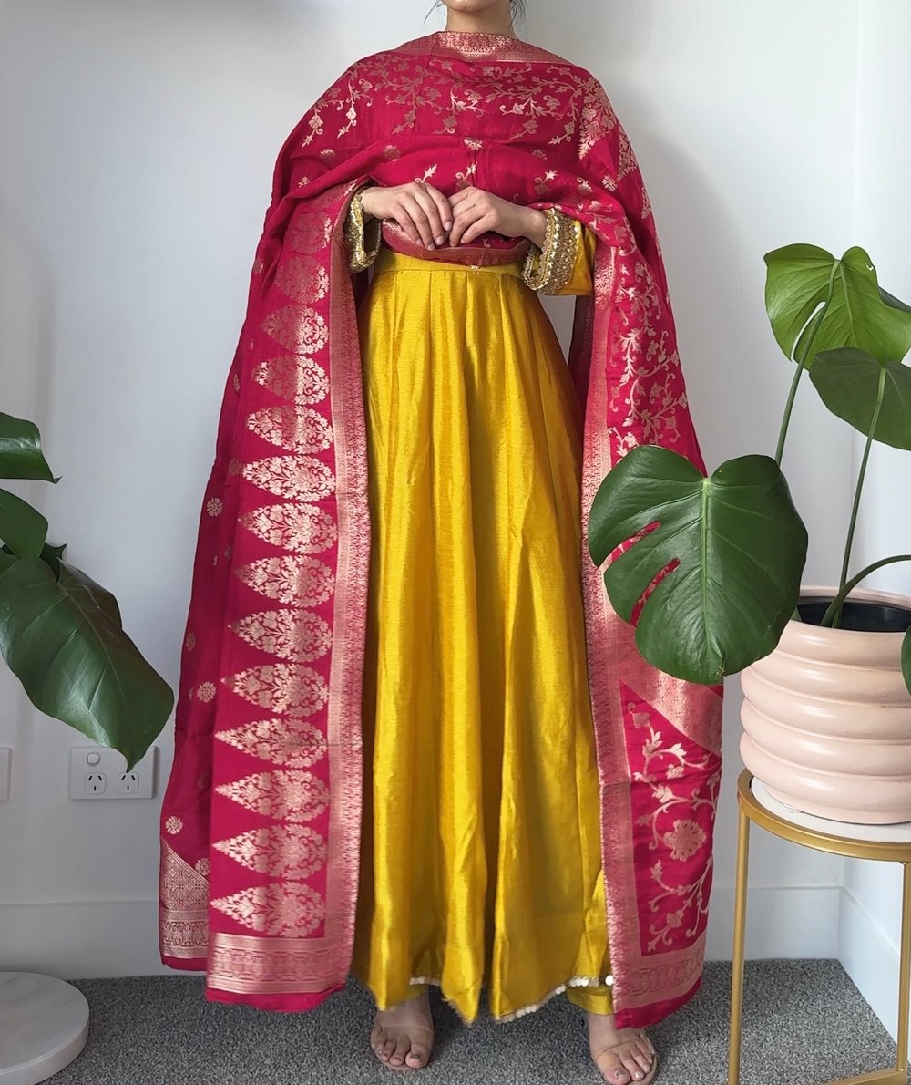 Image of Yellow three piece anarkari kurtha set 