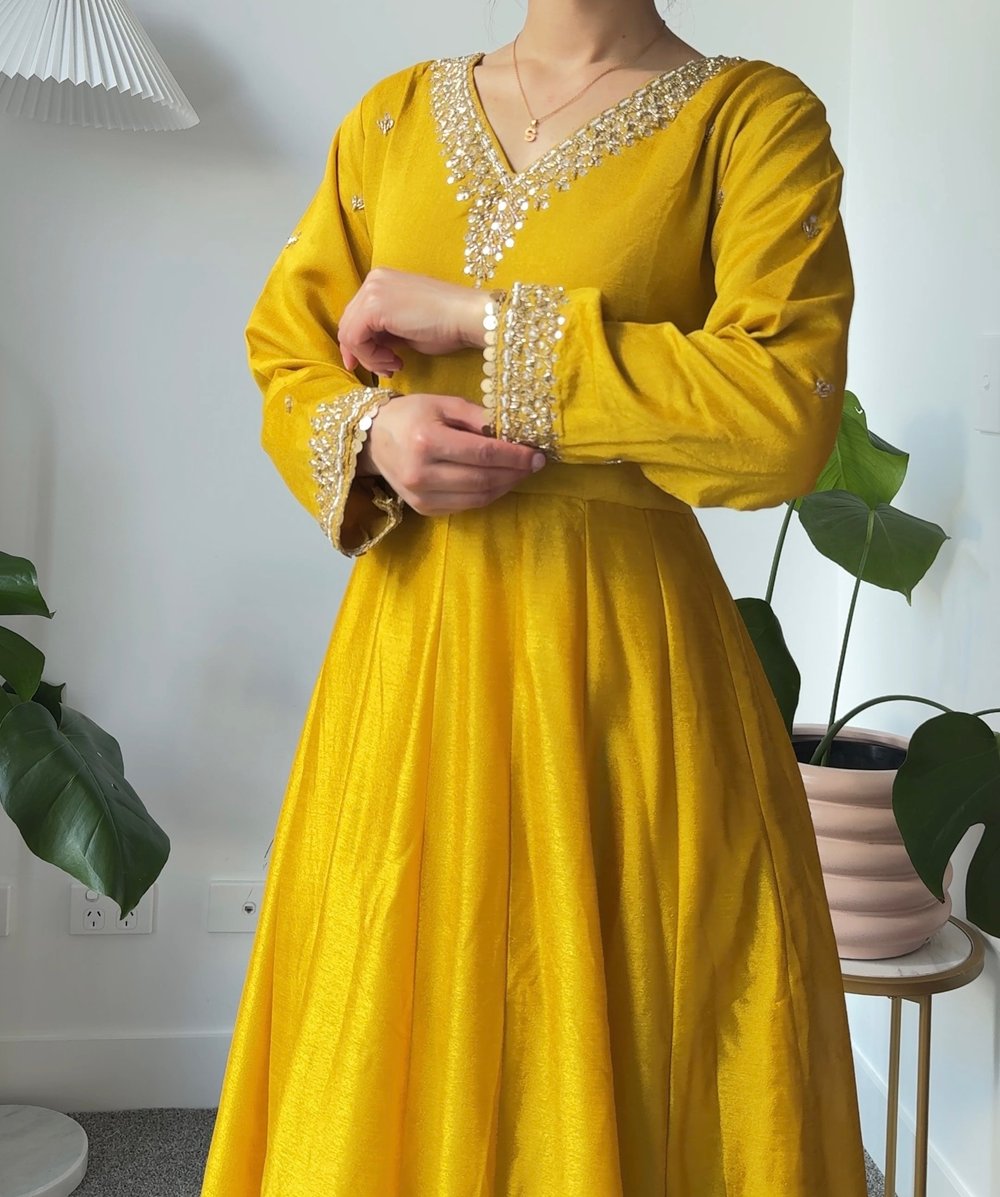 Image of Yellow three piece anarkari kurtha set 