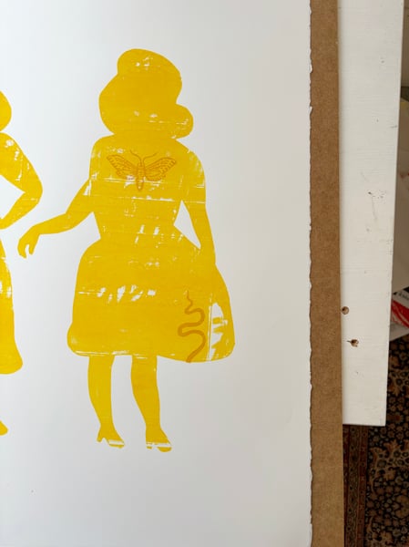 Image of The Yellow Ladies with butterfly and heart
