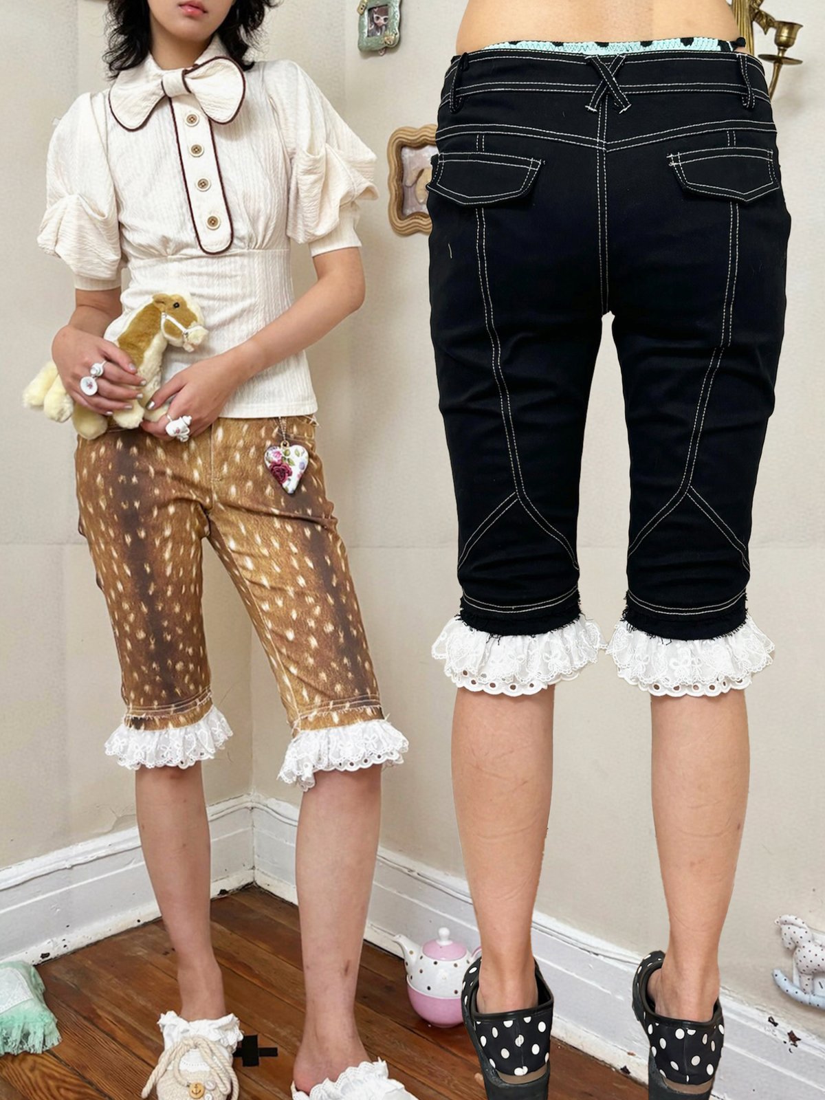 Two-tone lace patchwork mid-length pants | nit alcove