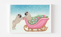 Pug Pink Sleigh Art PRINT / NOTECARD SET "Bringin' Home The Tree" Christmas Cards 
