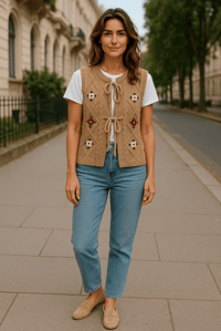 Image 3 of Lace Up Embroider Knit Vest Warm Beige