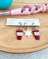 Image 1 of Snowflake and Coffee Stitch Markers for Crochet and Knitting | Polymer Clay | Leverback Stitch Co...