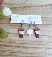 Image 3 of Snowflake and Coffee Stitch Markers for Crochet and Knitting | Polymer Clay | Leverback Stitch Co...