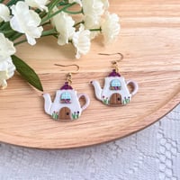 Image 1 of Teapot House Dangly Earrings | Cottagecore Jewelry | Polymer Clay Earring | Whimsical Home | Flow...