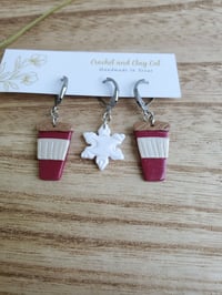 Image 9 of Snowflake and Coffee Stitch Markers for Crochet and Knitting | Polymer Clay | Leverback Stitch Co...
