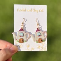 Image 4 of Teapot House Dangly Earrings | Cottagecore Jewelry | Polymer Clay Earring | Whimsical Home | Flow...