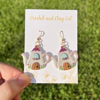 Image 5 of Teapot House Dangly Earrings | Cottagecore Jewelry | Polymer Clay Earring | Whimsical Home | Flow...