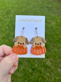 Image 6 of Puppy Pumpkin Earrings | Polymer Clay Fall Earrings 