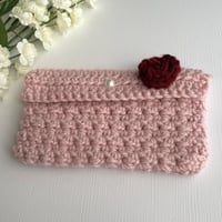 Image 2 of Pink Rose Clutch - Crochet Bag - Gift Card Pouch  - Handmade Wallet