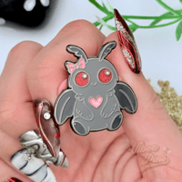 Image 4 of Kawaii Mothman Enamel Pin – Glitter Eyes & Heart | Cute Goth Cryptid Pin