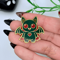 Image 1 of Vampire Bat Enamel Pin – Red Glitter Eyes & Heart | Cute Goth Pin