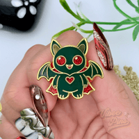Image 5 of Vampire Bat Enamel Pin – Red Glitter Eyes & Heart | Cute Goth Pin