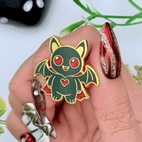 Image 3 of Vampire Bat Enamel Pin – Red Glitter Eyes & Heart | Cute Goth Pin