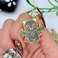 Image 4 of Vampire Bat Enamel Pin – Red Glitter Eyes & Heart | Cute Goth Pin