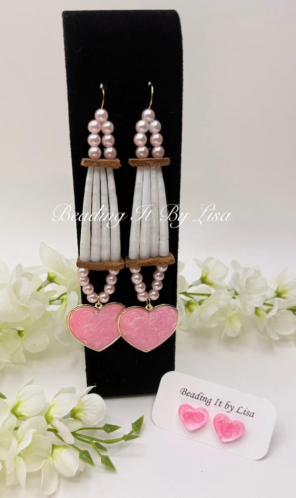 Image of Pink Dentalium Earrings 4 Row  | Indigenous Jewelry For Women - Powwow Attire