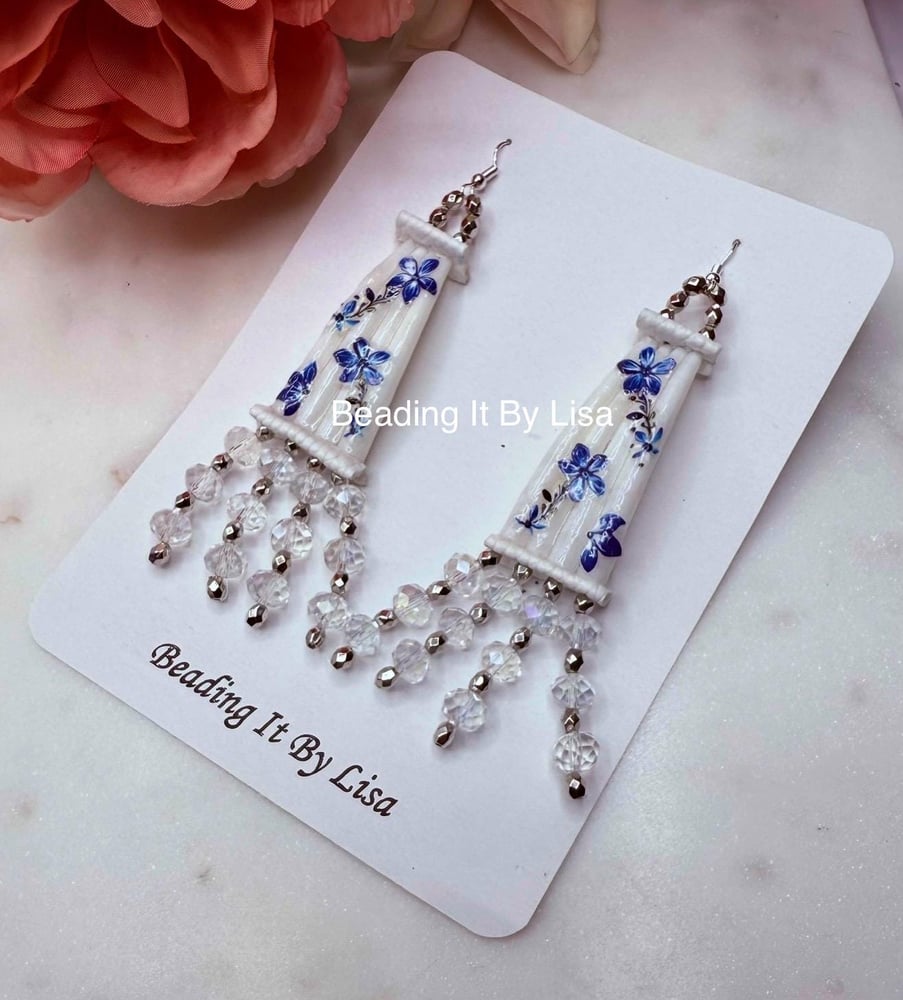 Image of Dentalium Earrings with Blue Floral Accents