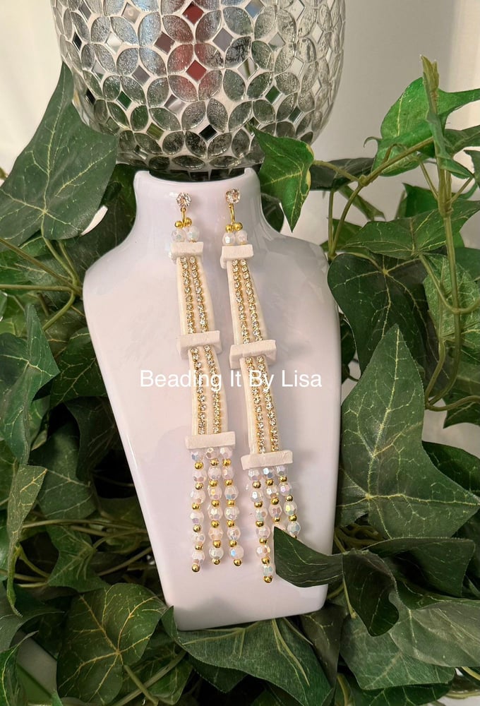 Image of Dentalium Earrings with 2 Row White with Gold Accent Beads and Hearts