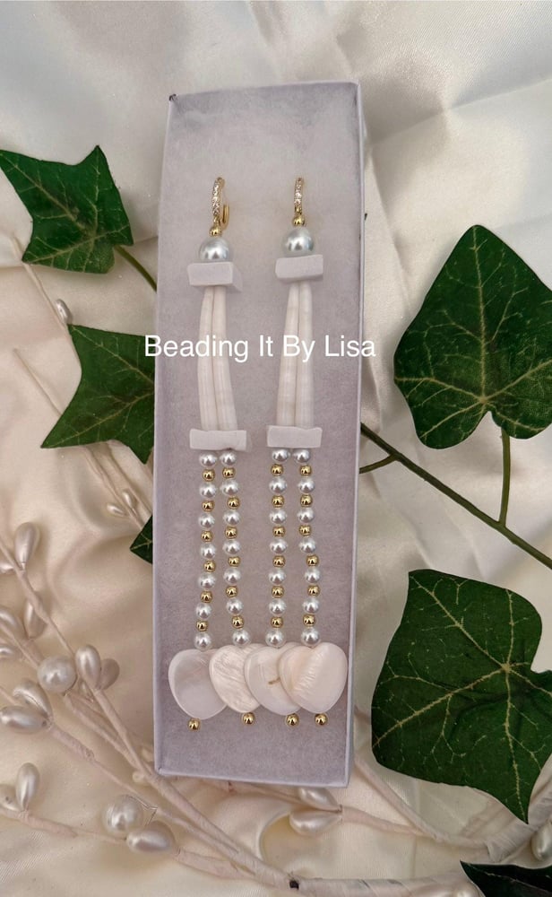 Image of Dentalium Earrings with 1 Row White with Gold Accent Beads and Hearts