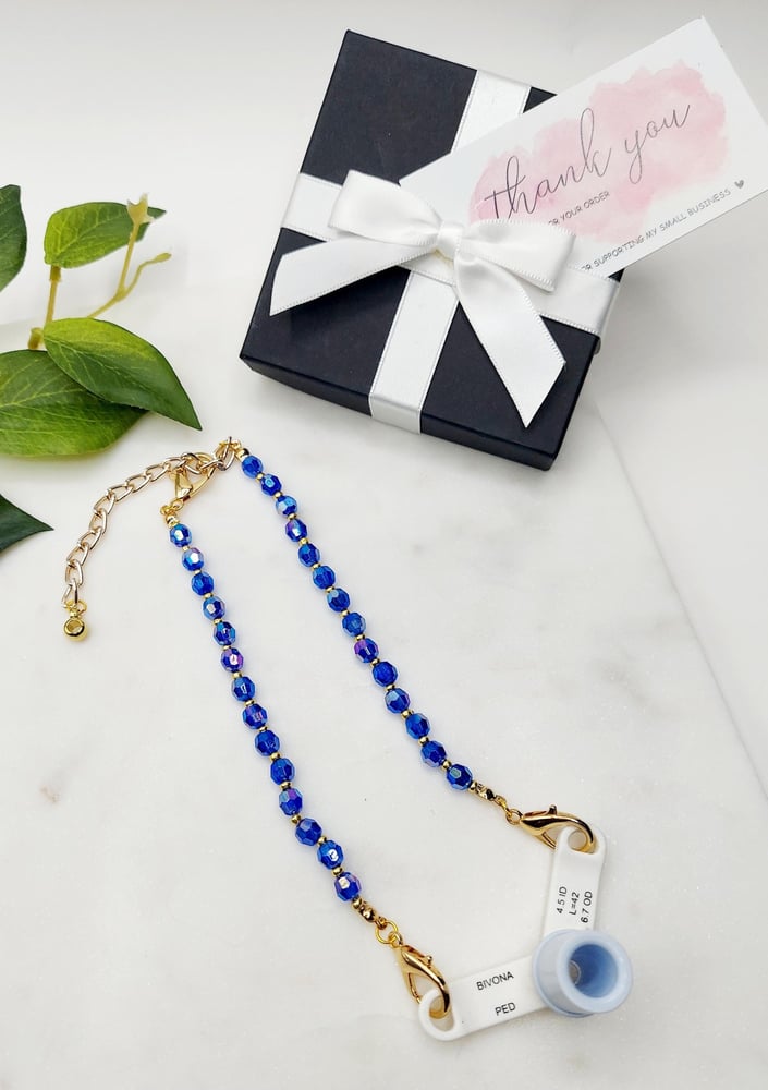 Image of Beaded Trach Ties, Adjustable, Trach Chain, Men or Women, Gifts, Unisex ... (Bluish/Purple and Go...