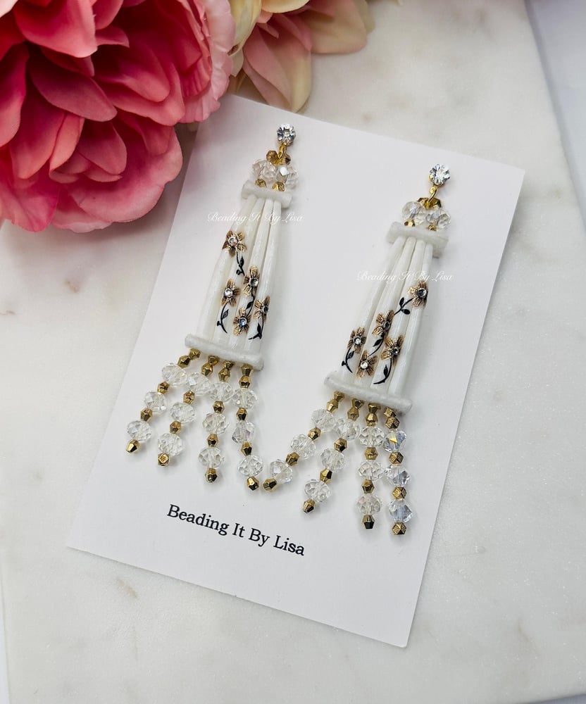 Image of Dentalium Earrings with Black and Gold Flowers (DE-BlackGold)