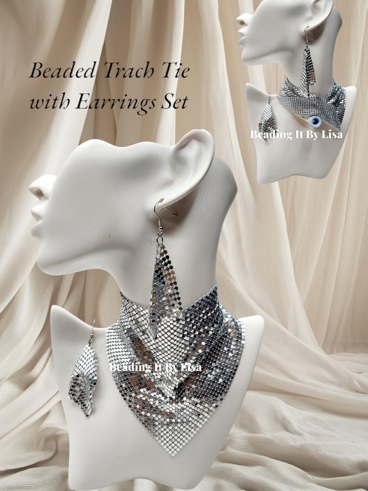 Image of Trach Sequin Scarf for Tracheostomy, Necklace and Earring Set, Trach Ties, Adjustable (SIL-45bd50ea