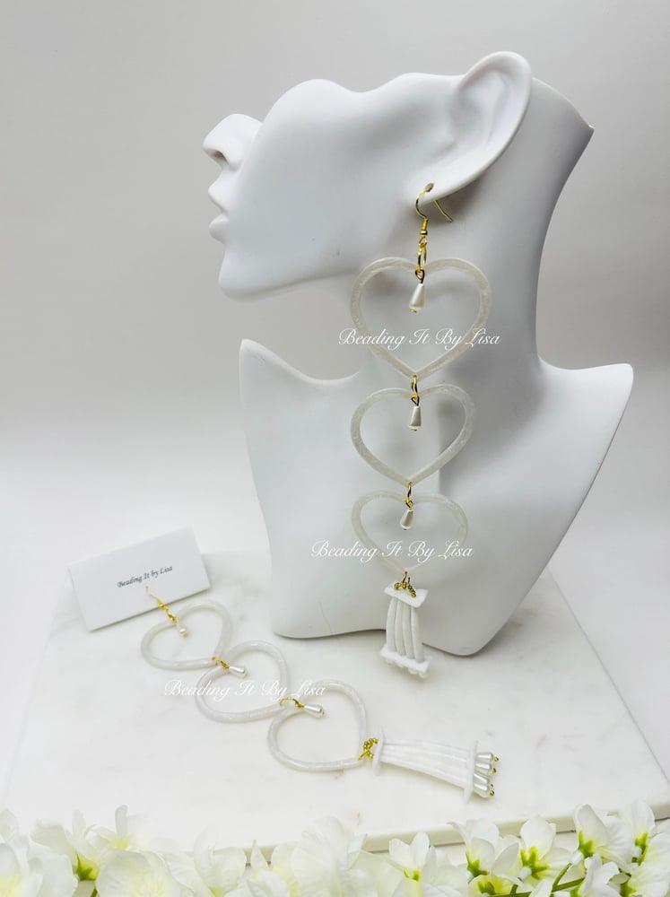 Image of White Dentalium Heart Dangle Earrings 3-Tier for Women, Wedding Jewelry, Bridal Earrings, Bridesm...