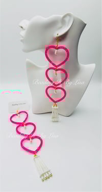 3-Tier Neon Pink Dentalium Heart Dangle Earrings
