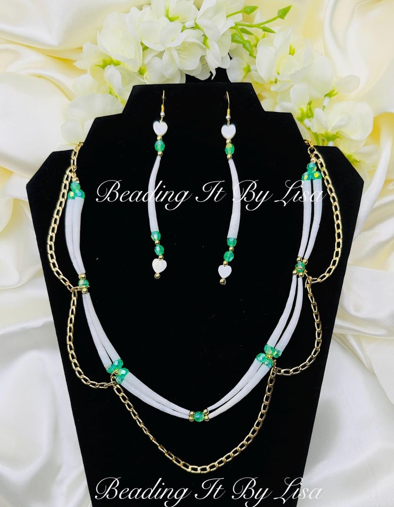 Image of White Dentalium with Green Necklace and Earring Set for Women
