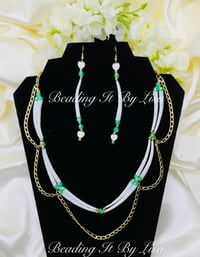 Image 1 of White Dentalium with Green Necklace and Earring Set for Women