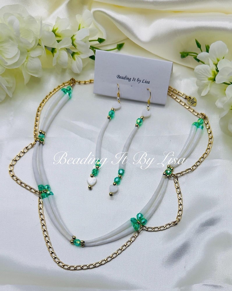 Image of White Dentalium with Green Necklace and Earring Set for Women