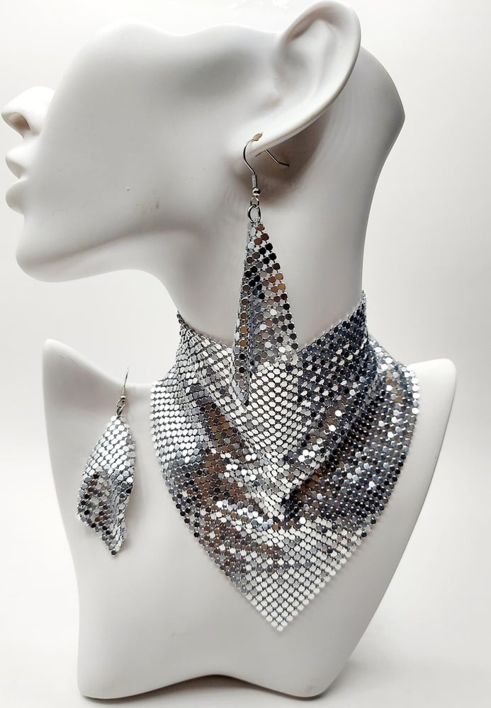 Image of Trach Sequin Scarf for Tracheostomy, Necklace and Earring Set, Trach Ties, Adjustable (SIL-45bd50ea