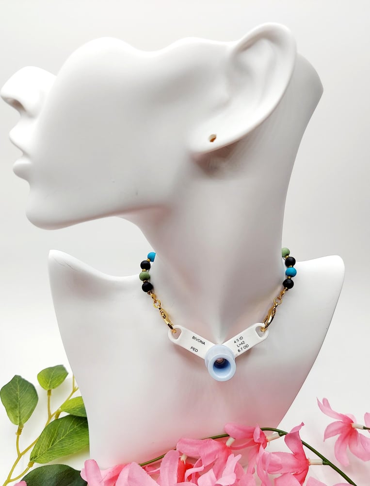 Image of Beaded Trach Ties, Adjustable, Trach Chain, Men or Women, Gifts  (Round Stones black, green laven...