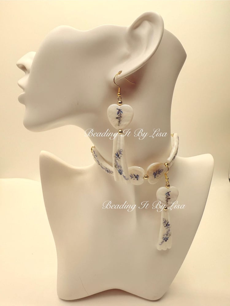 Image of Dentalium Choker and Earring Set - Blue with Floral Design