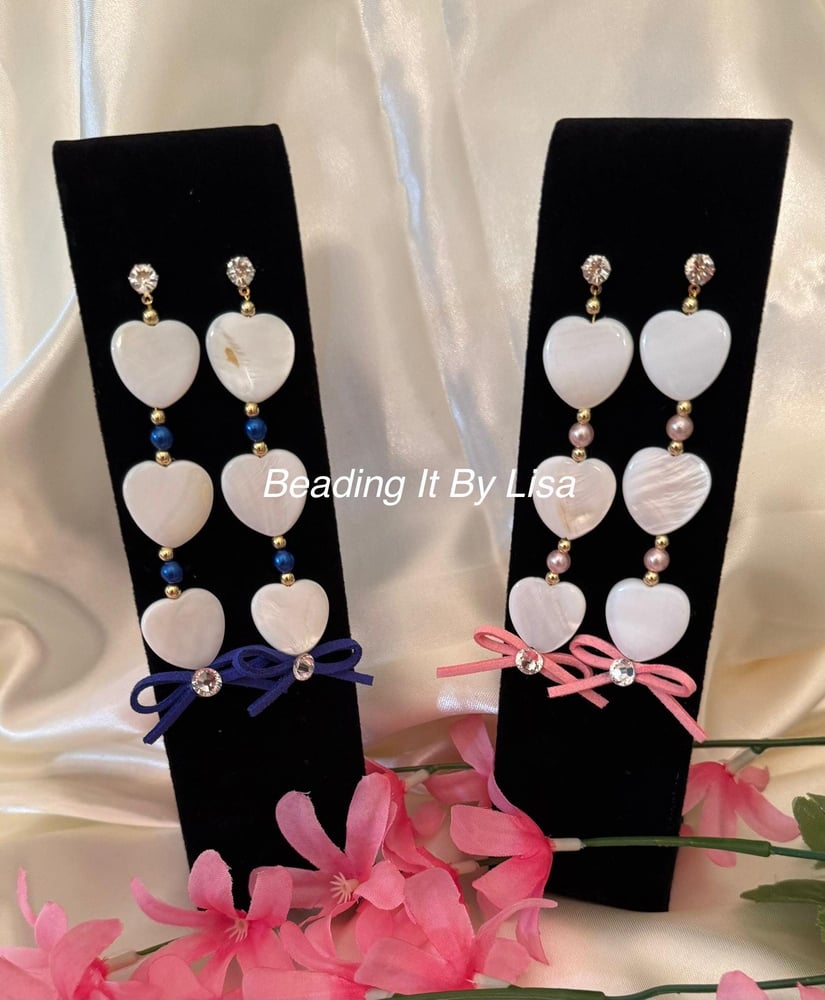 Image of Mother of Pearl Heart Earrings with Diamond studs (Blue Bow or Pink Bow) Women Earrings, Wedding ...