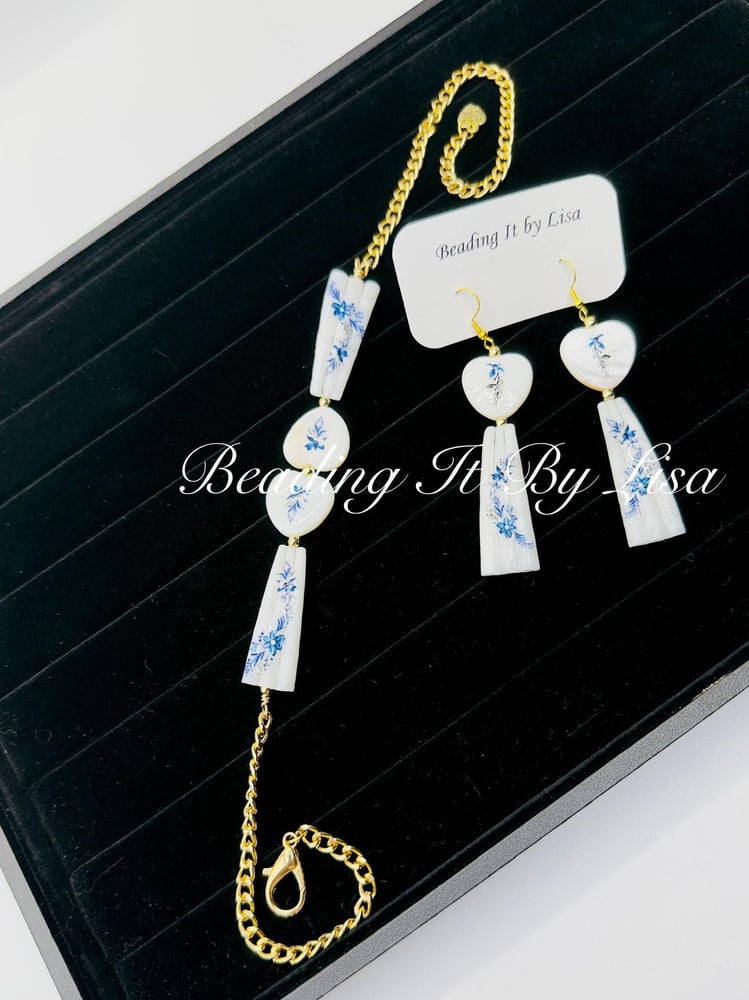 Image of Dentalium Choker and Earring Set - Blue with Floral Design