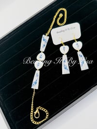 Image 3 of Dentalium Choker and Earring Set - Blue with Floral Design