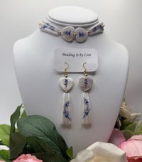 Image 4 of Dentalium Choker and Earring Set - Blue with Floral Design