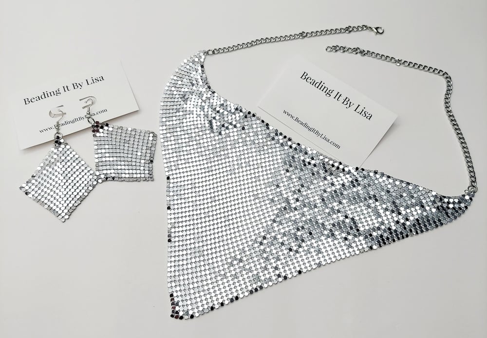 Image of Trach Sequin Scarf for Tracheostomy, Necklace and Earring Set, Trach Ties, Adjustable (SIL-45bd50ea