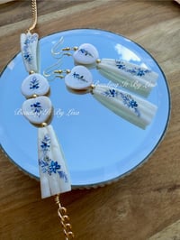 Image 5 of Dentalium Choker and Earring Set - Blue with Floral Design