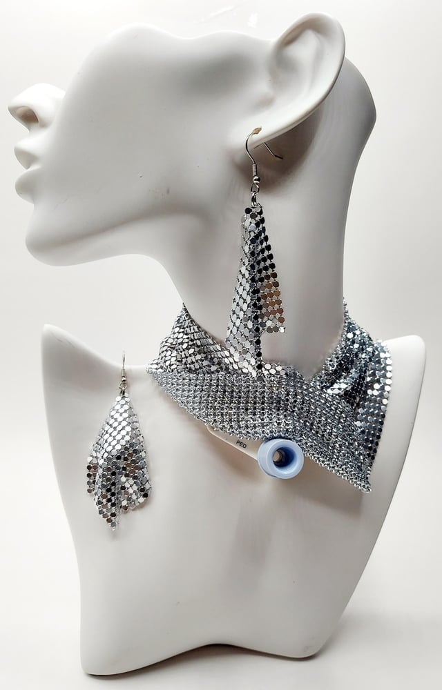 Image of Trach Sequin Scarf for Tracheostomy, Necklace and Earring Set, Trach Ties, Adjustable (SIL-45bd50ea