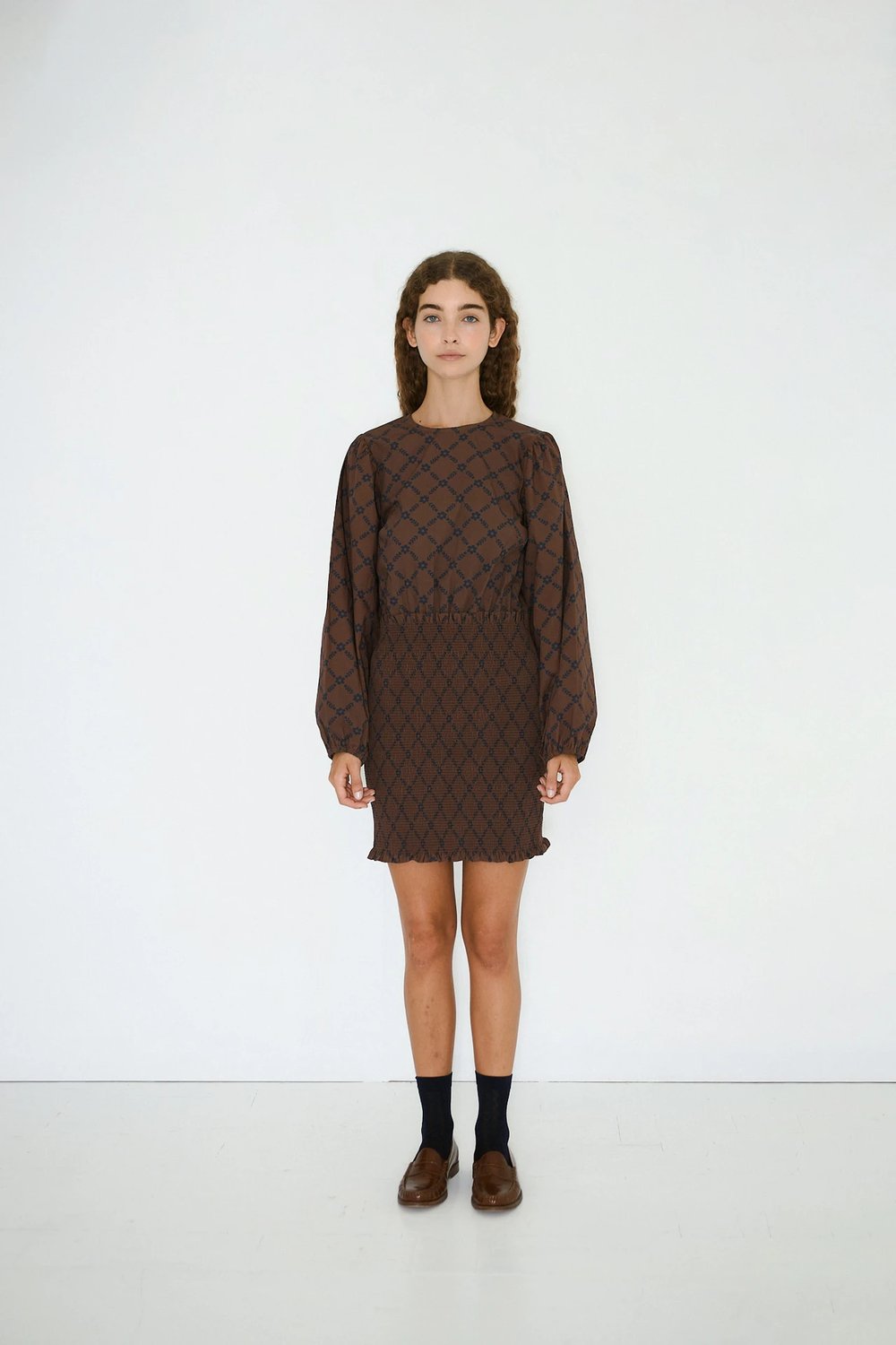 Image of 3-Vestido Flowers Grid Puff Sleeve Dress 