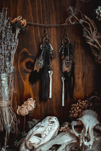 Image 2 of Midnight black feather and bone earrings