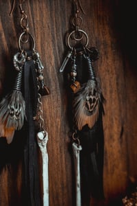 Image 5 of Midnight black feather and bone earrings