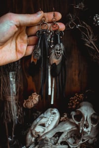 Image 6 of Midnight black feather and bone earrings