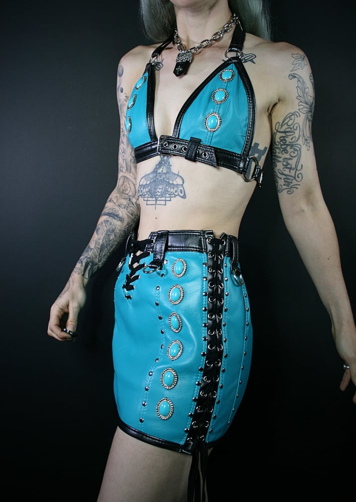 Image of TEAL CONCHO SKIRT AND BRA SET