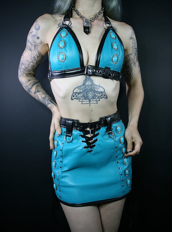 Image of TEAL CONCHO SKIRT AND BRA SET